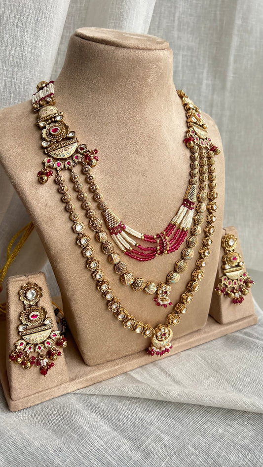Pink Triple Layer Long Necklace Set (Necklace & Earrings)