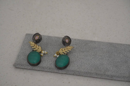 Green Stone Leaf Stud Earrings