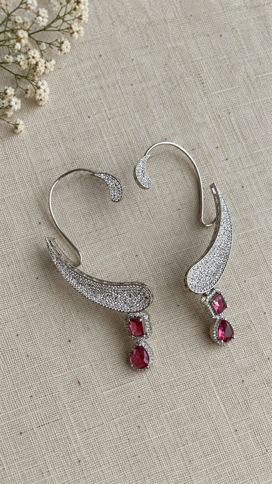 Celeste American Diamond Ear Cuff Earrings with Ruby Drops