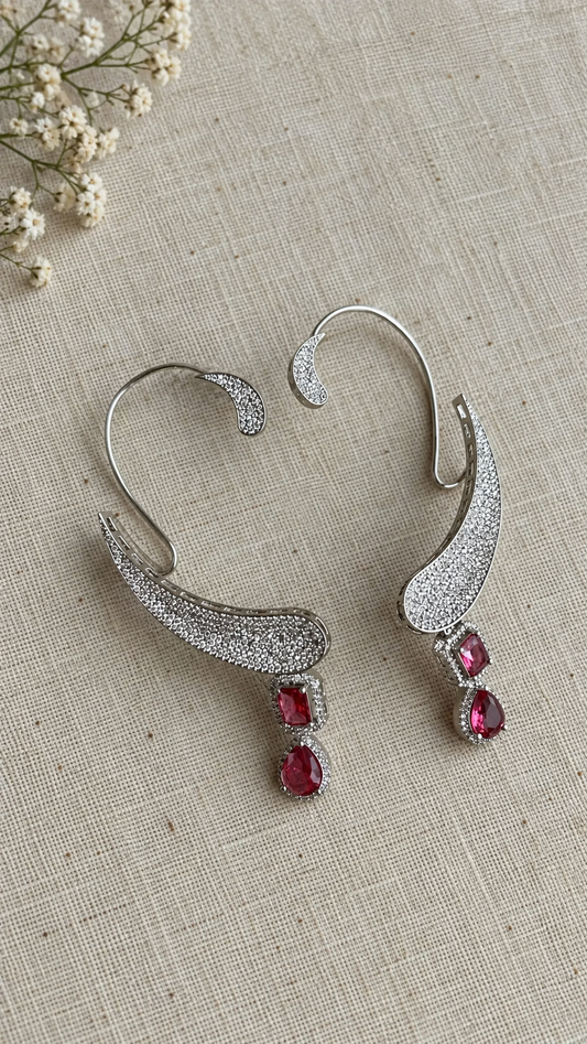 Celeste American Diamond Ear Cuff Earrings with Ruby Drops