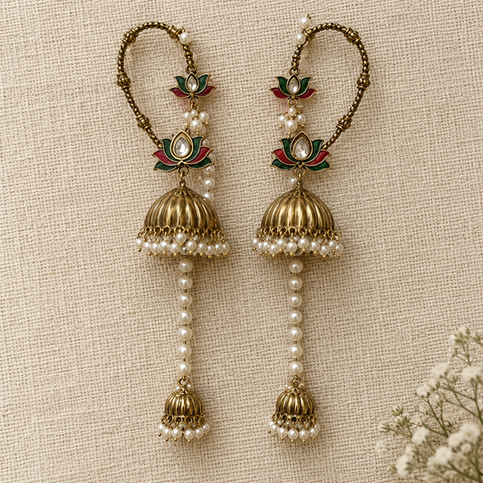 Multicolour Kamal Ear Cuff Jhumka Earrings