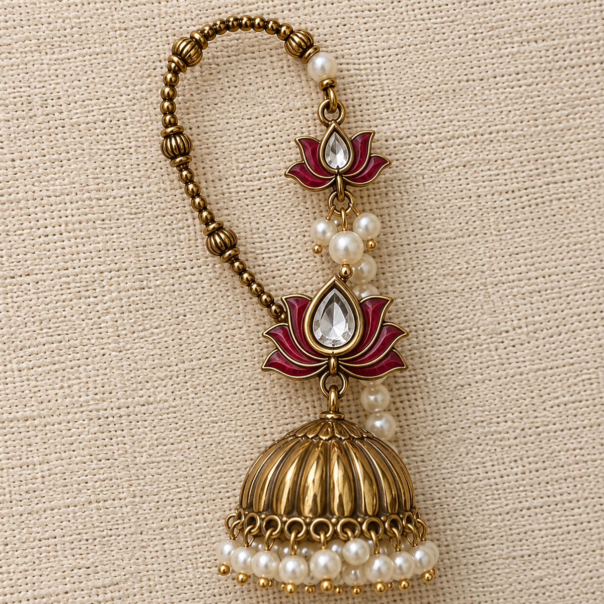 Red Kamal Ear Cuff Jhumka Earrings