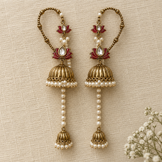 Red Kamal Ear Cuff Jhumka Earrings