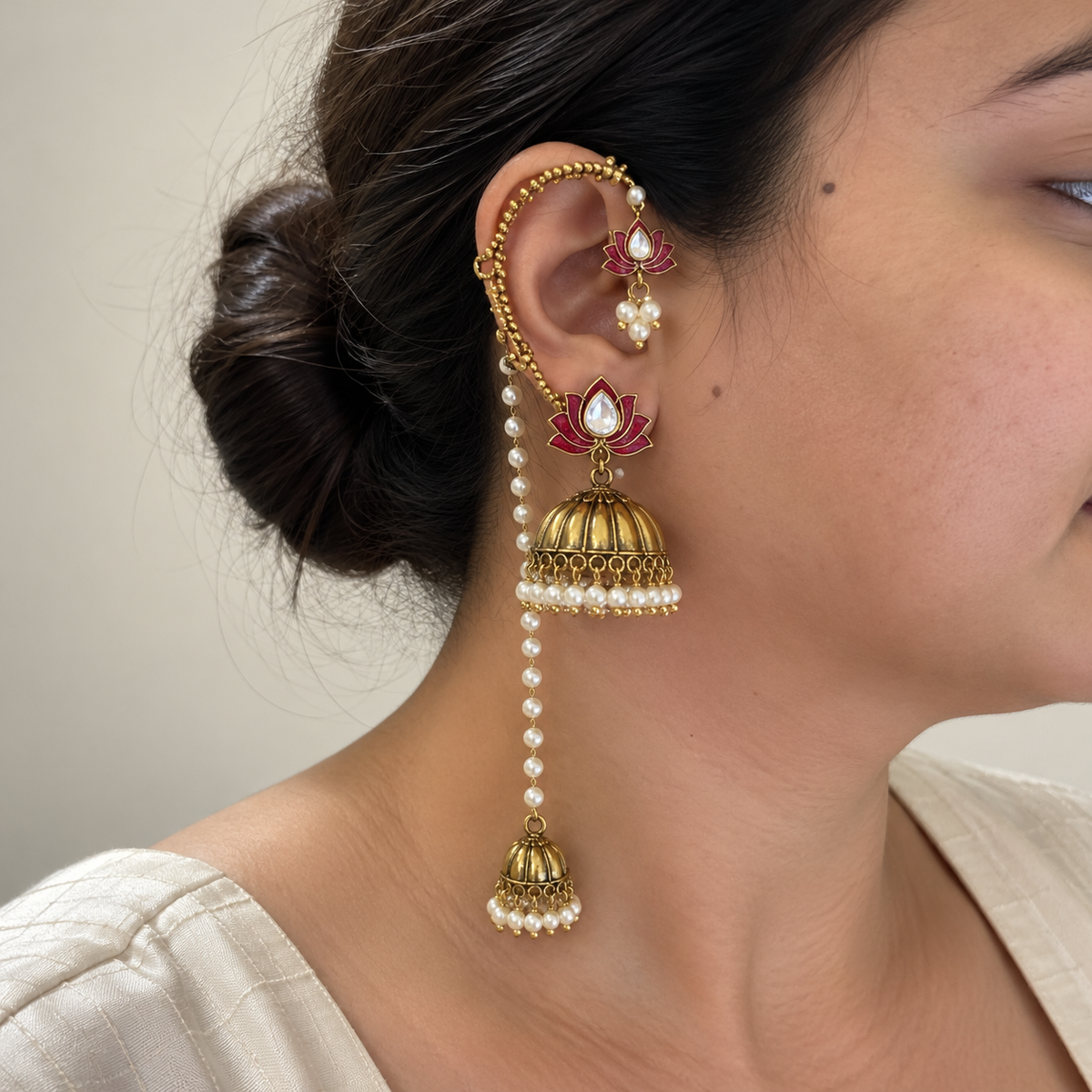 Red Kamal Ear Cuff Jhumka Earrings