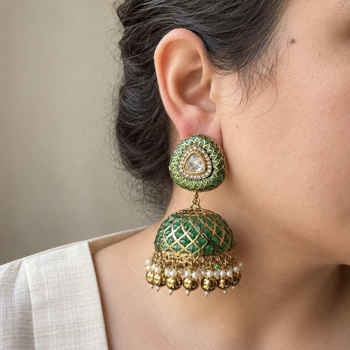 Emerald Jaali Jhumka Earrings with Detachable Ear Chains