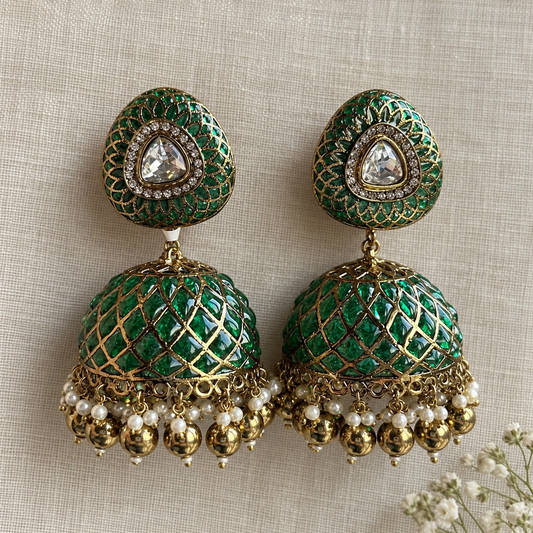 Emerald Jaali Jhumka Earrings with Detachable Ear Chains