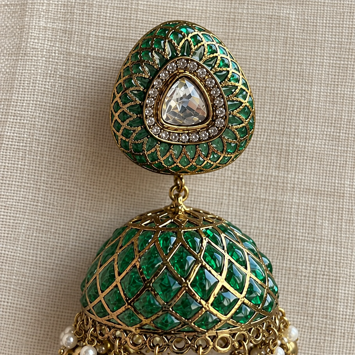 Emerald Jaali Jhumka Earrings with Detachable Ear Chains