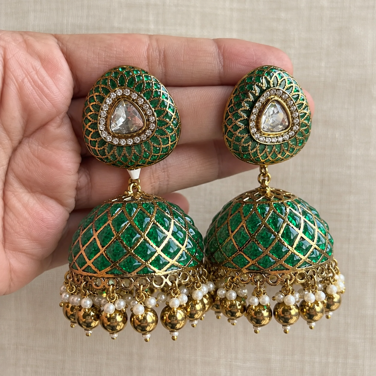 Emerald Jaali Jhumka Earrings with Detachable Ear Chains