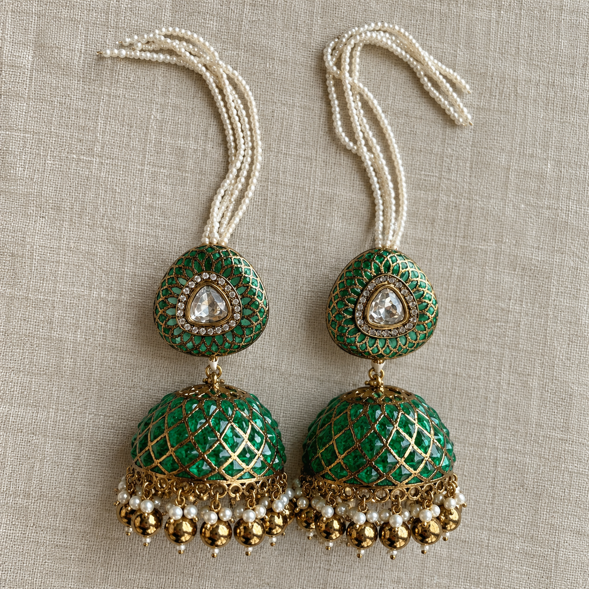 Emerald Jaali Jhumka Earrings with Detachable Ear Chains