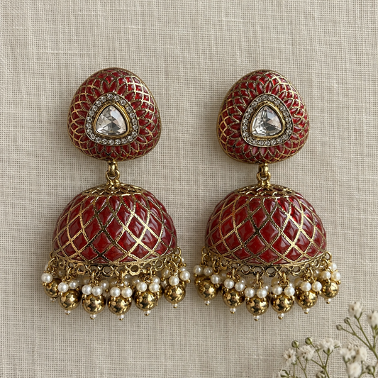 Ruby Jaali Jhumka Earrings with Detachable Ear Chains