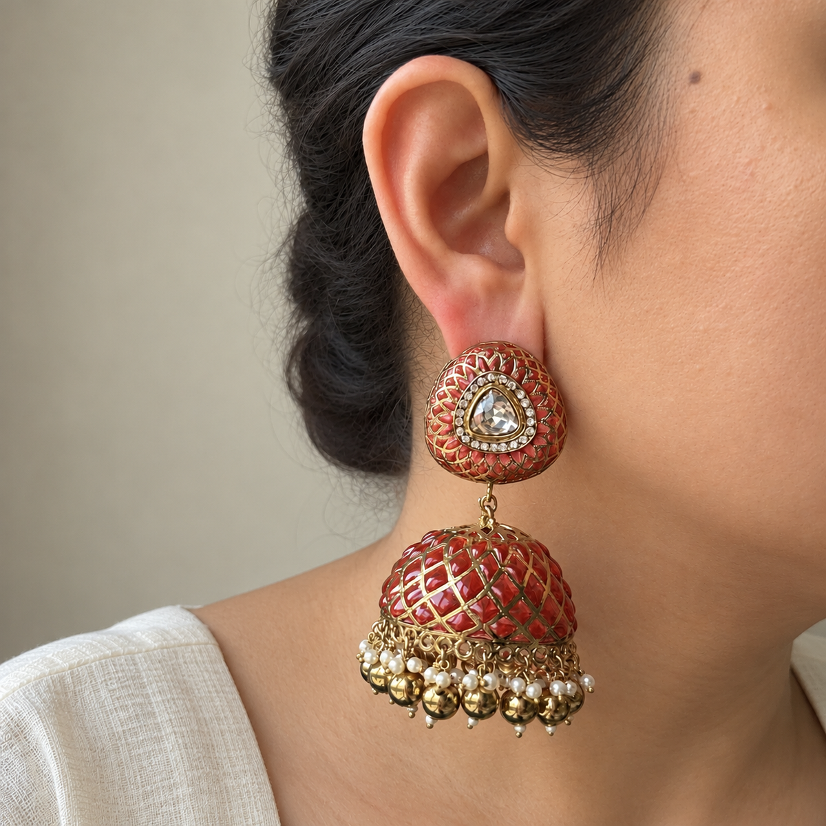 Ruby Jaali Jhumka Earrings with Detachable Ear Chains