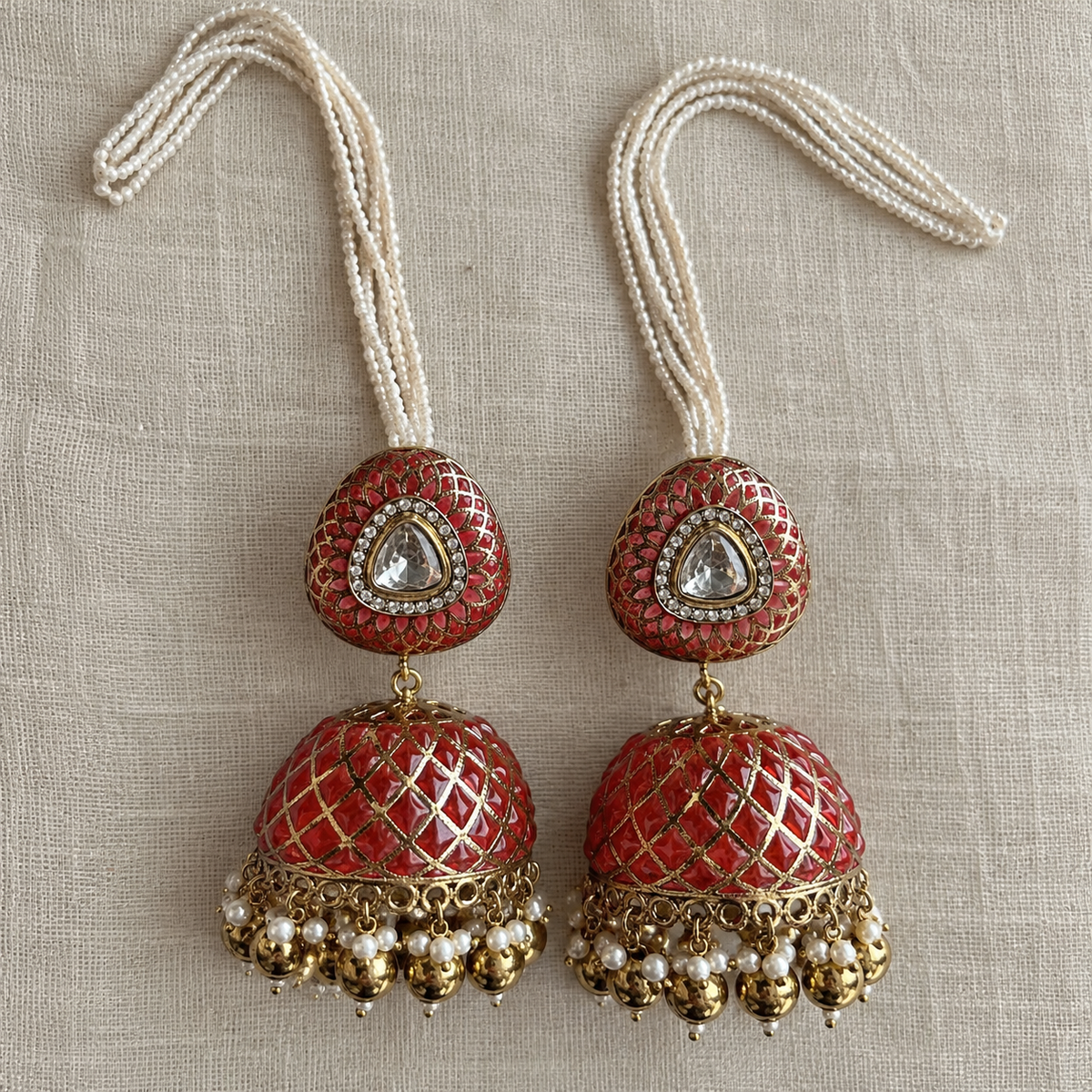 Ruby Jaali Jhumka Earrings with Detachable Ear Chains