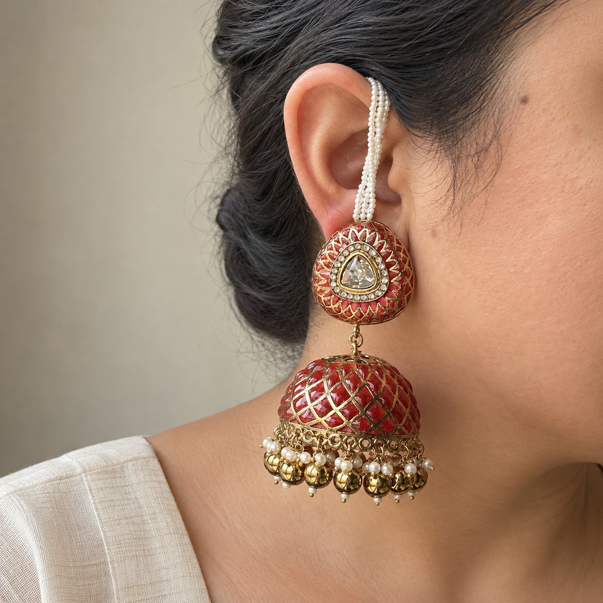 Ruby Jaali Jhumka Earrings with Detachable Ear Chains