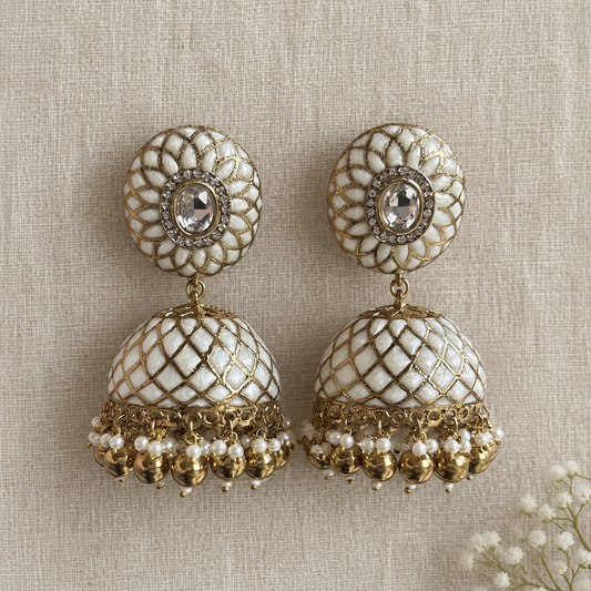 White Jaali Jhumka Earrings with Detachable Ear Chains