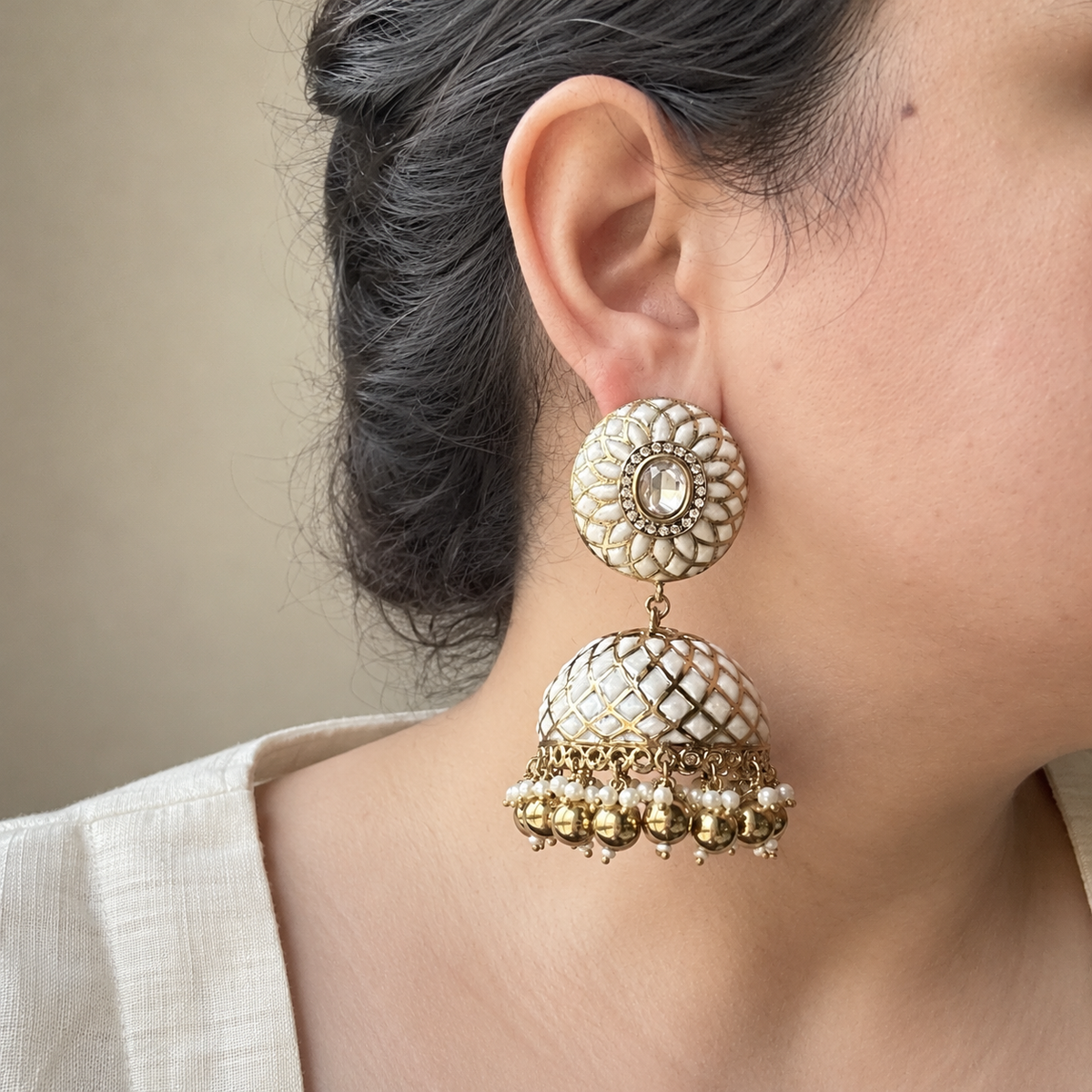 White Jaali Jhumka Earrings with Detachable Ear Chains