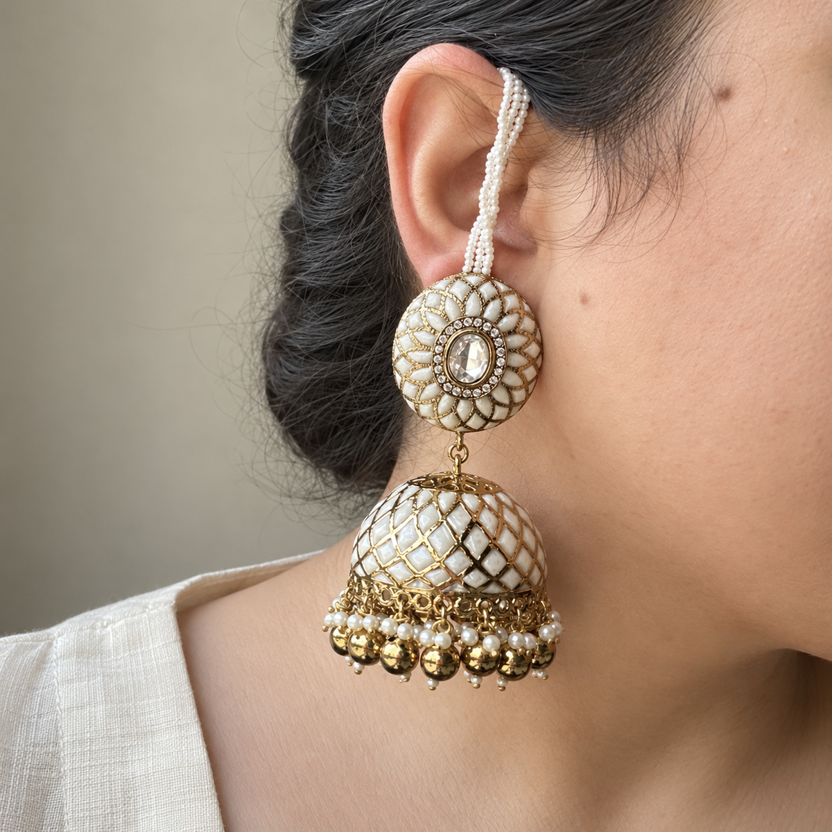 White Jaali Jhumka Earrings with Detachable Ear Chains