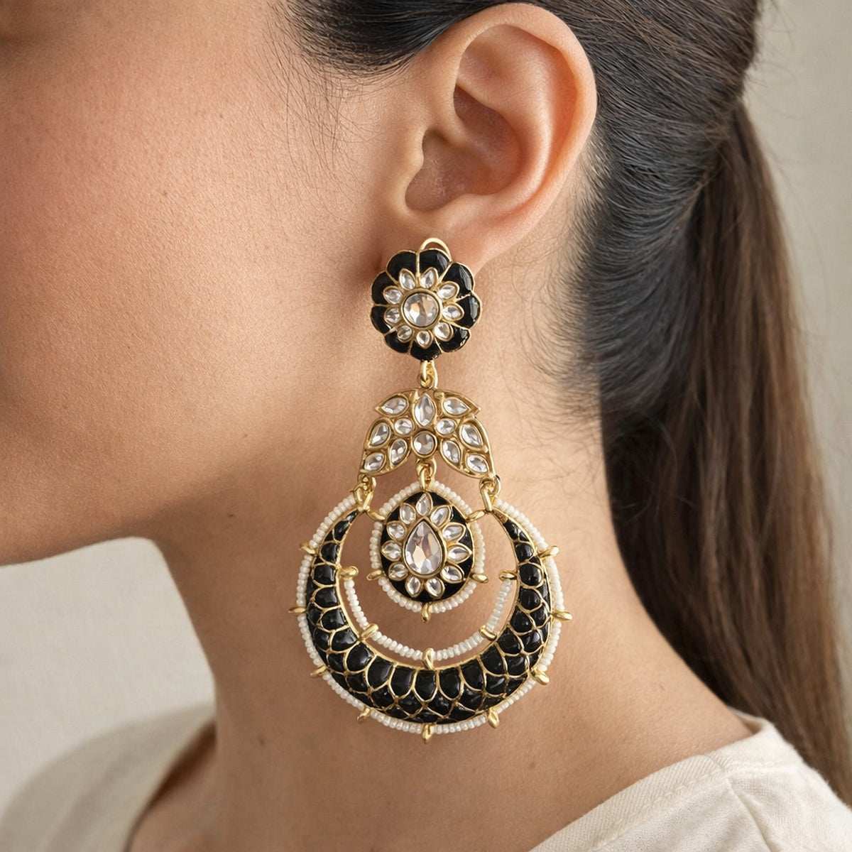 Black Noor Kundan Chandbali Earrings
