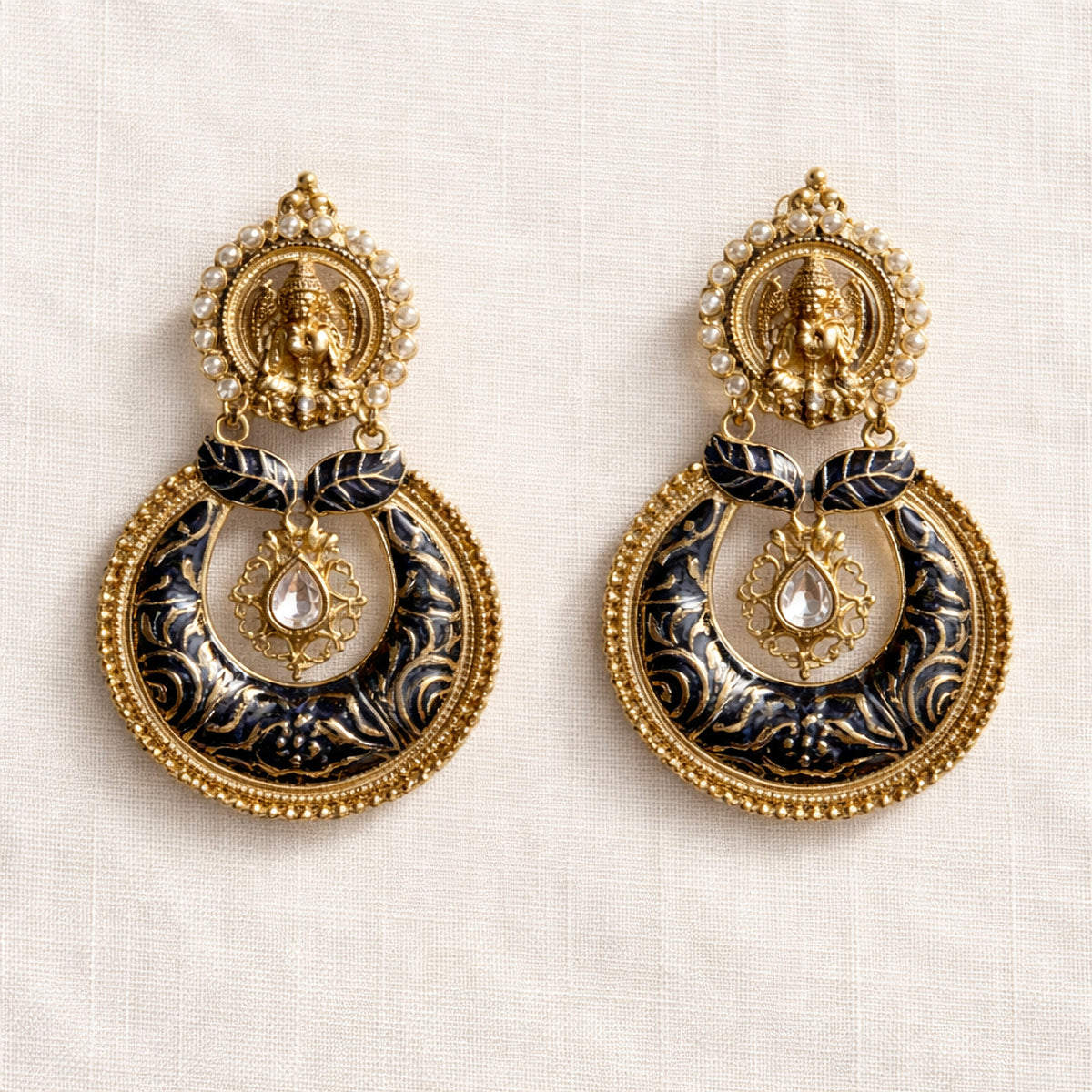 Blue Devika Temple Chandbali Earrings