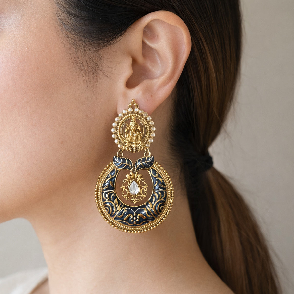 Blue Devika Temple Chandbali Earrings
