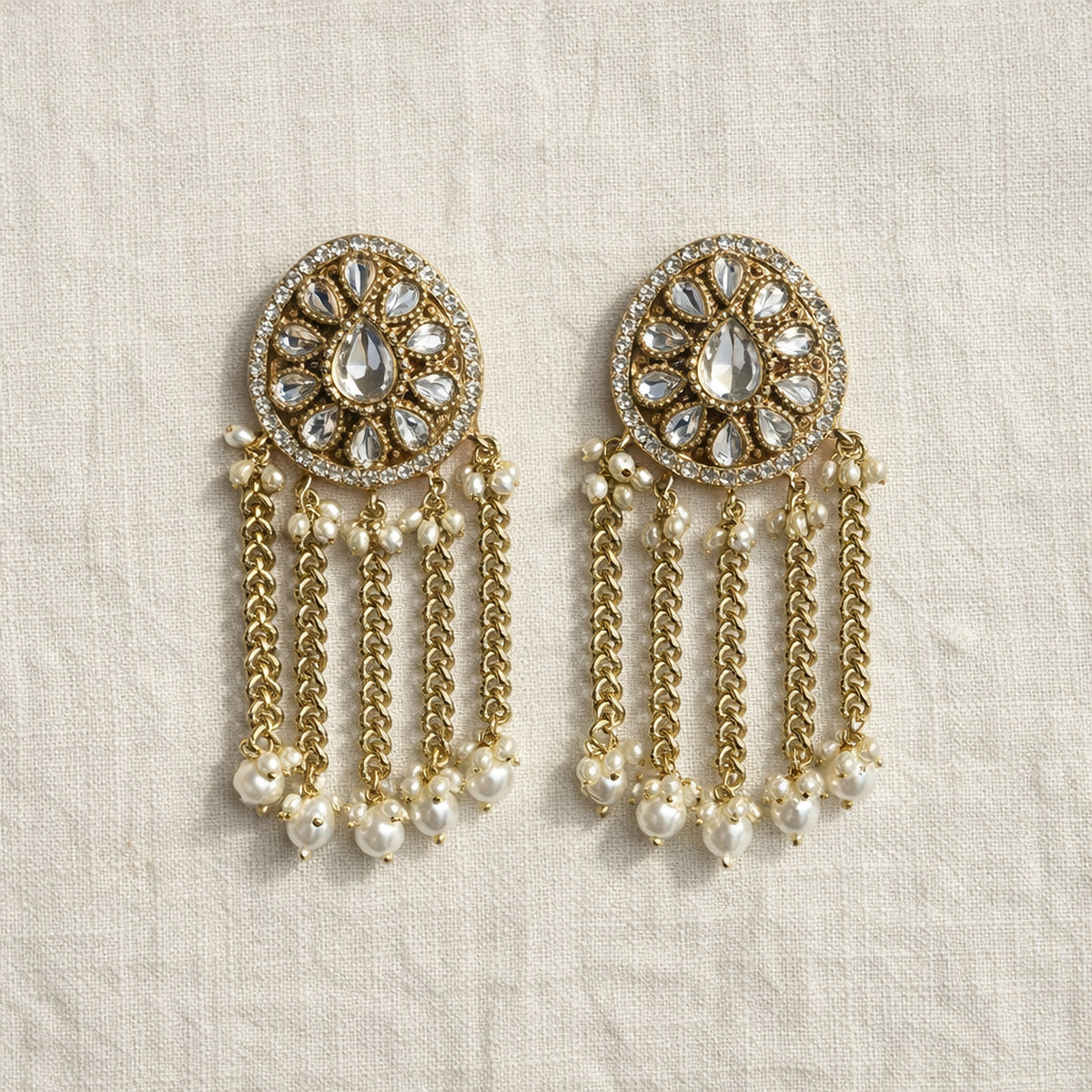 White Aarini Kundan Pearl Tassel Earrings