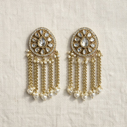 White Aarini Kundan Pearl Tassel Earrings