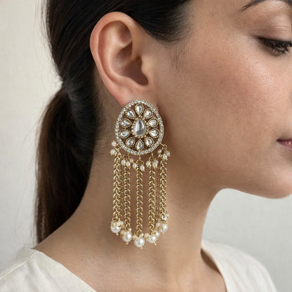 White Aarini Kundan Pearl Tassel Earrings