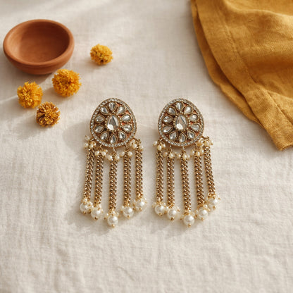 White Aarini Kundan Pearl Tassel Earrings