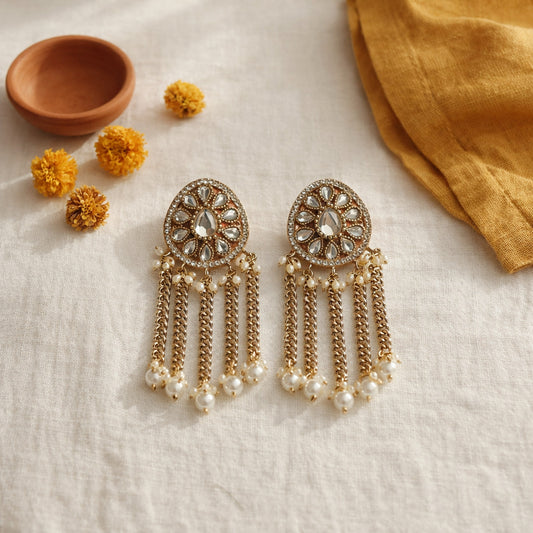 White Aarini Kundan Pearl Tassel Earrings