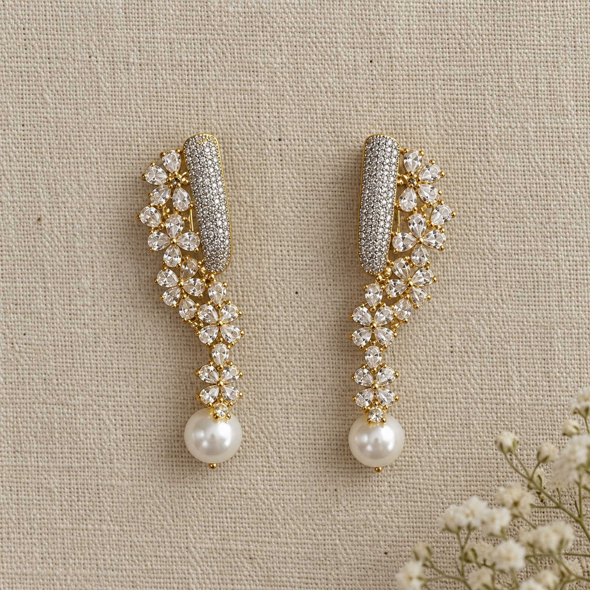 Flora American Diamond Floral Pearl Drop Earrings