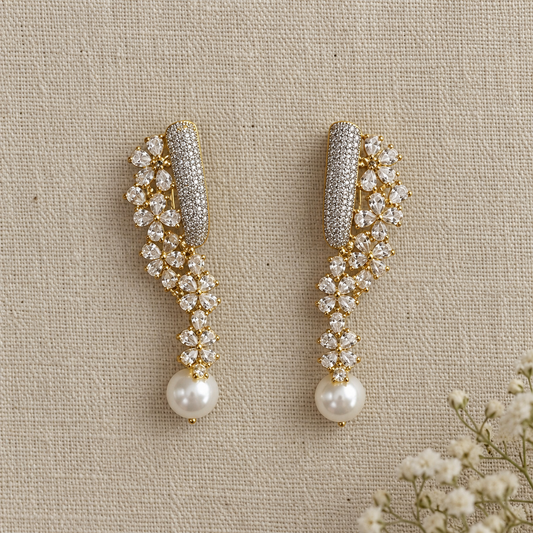 Flora American Diamond Floral Pearl Drop Earrings