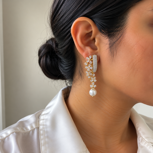 Flora American Diamond Floral Pearl Drop Earrings
