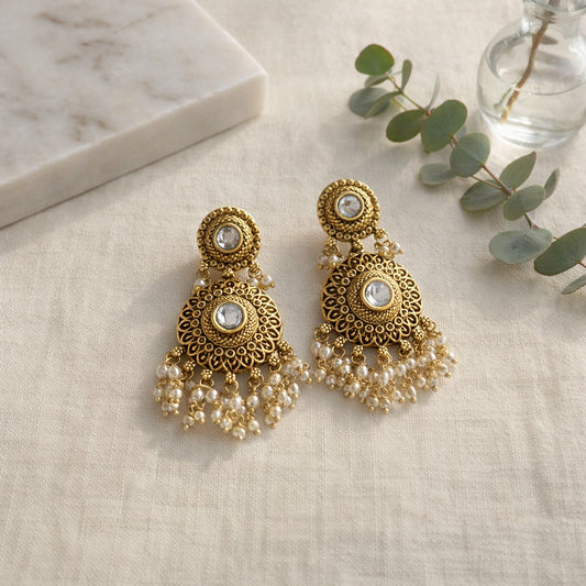 Suraj Kundan Pearl Drop Earrings