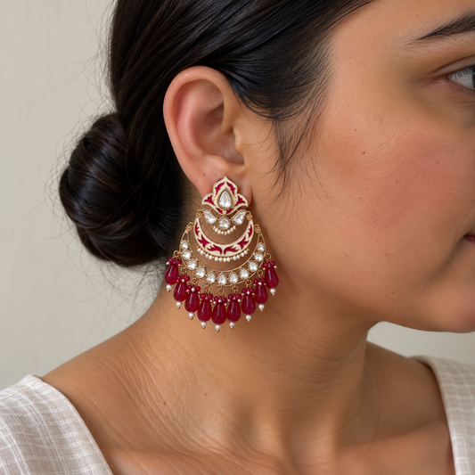 Red Meenakari Chandbali Earrings