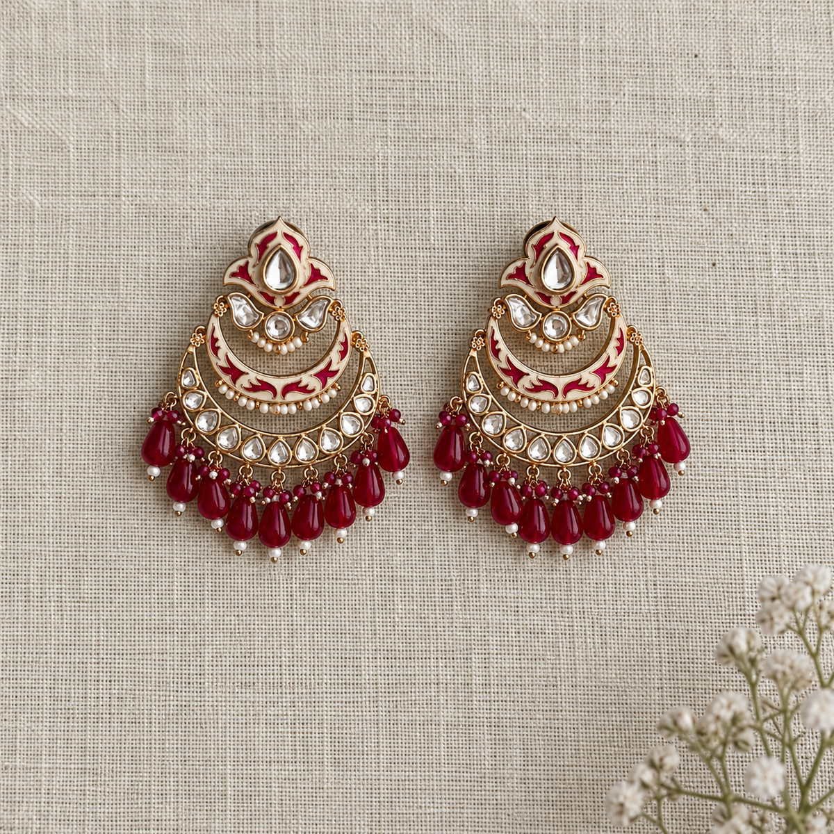 Red Meenakari Chandbali Earrings