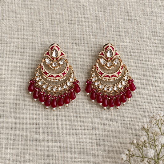 Red Meenakari Chandbali Earrings