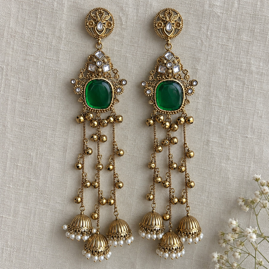 Emerald Chinar Kashmiri Earrings