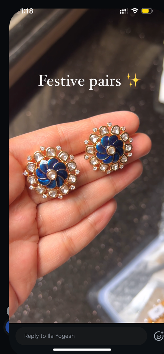Enamel Blue Polki Studs
