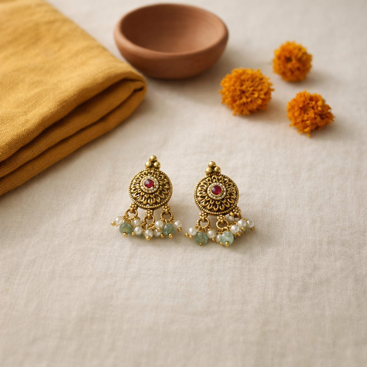 Red Sevanti Kundan Stud Earrings with Drops