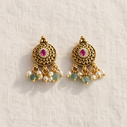 Red Sevanti Kundan Stud Earrings with Drops