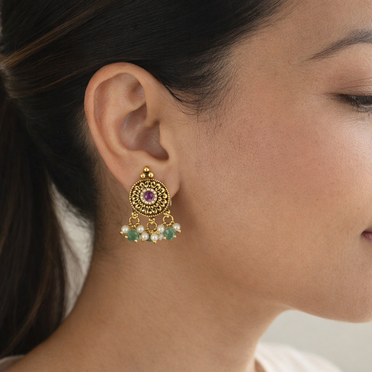 Red Sevanti Kundan Stud Earrings with Drops