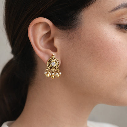 White Sevanti Kundan Stud Earrings with Drops