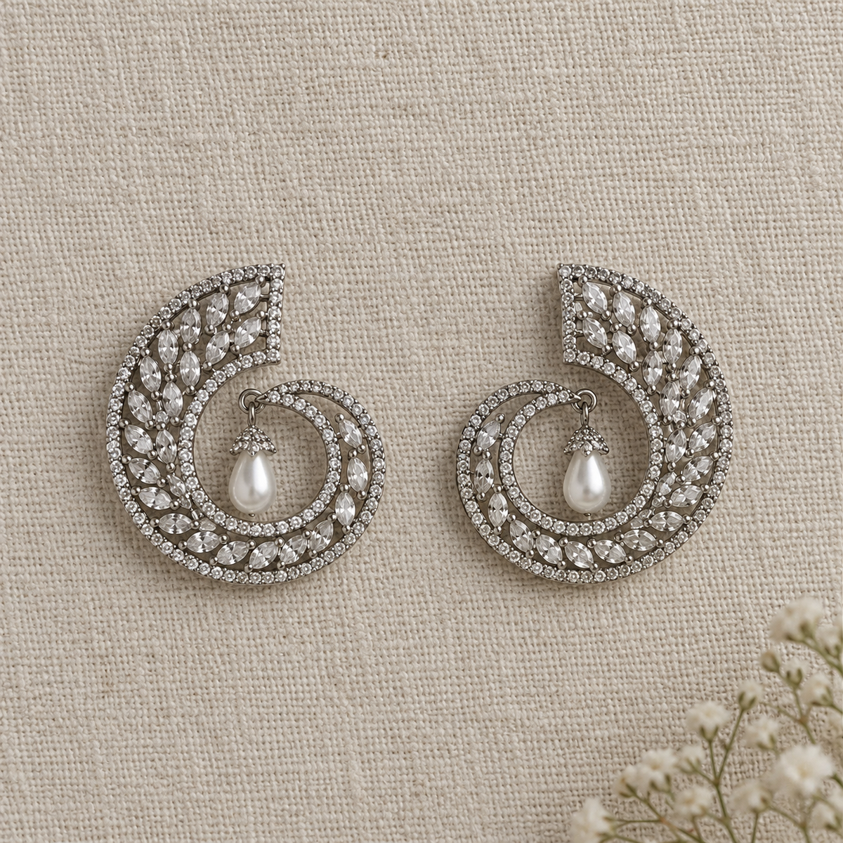 Naomi American Diamond Swirl Pearl Earrings