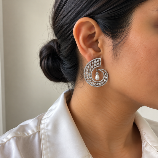 Naomi American Diamond Swirl Pearl Earrings