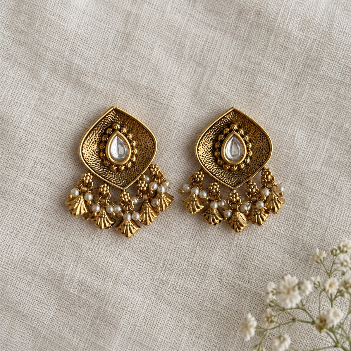 Paan Kundan Stud Earrings with Drops