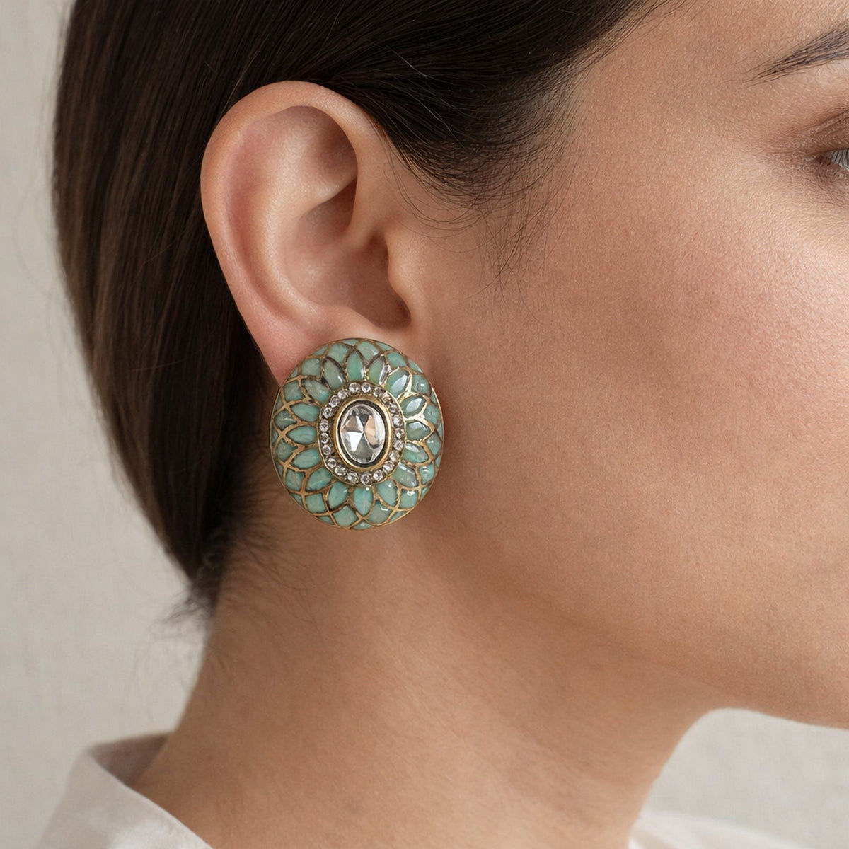 Mint Phool Meenakari Stud Earrings