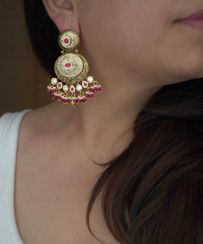 Pink Rajwada Polki Long Necklacce Set (Necklace & Earrings)