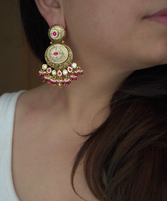 Pink Rajwada Polki Long Necklacce Set (Necklace & Earrings)