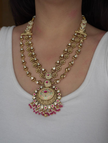 Pink Rajwada Polki Long Necklacce Set (Necklace & Earrings)