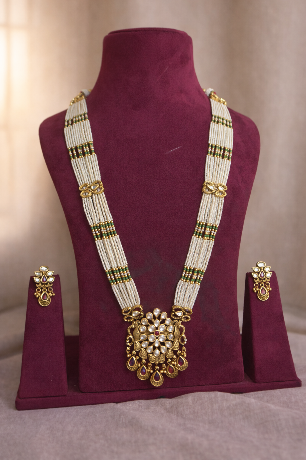 Pearl Beaded Kundan Necklace Set (Necklace & Earrings)