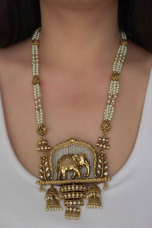 Haathi Temple Long Necklace Set (Necklace & Earrings)